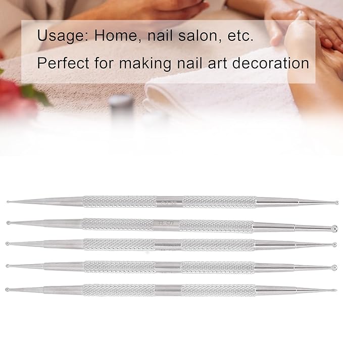 5Pcs 2 Way Stainless Steel Dotting Pen Tool, Nail Salon Nail Dotting Tool, Dual Tip Dot Painting Tools for Stippling, Tracing, Transfer Stamping, Embossing and Painting