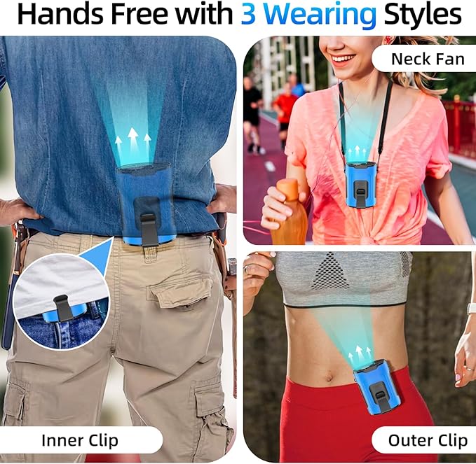 Picozon Portable Smart AI Fan, 9000 RPM Strong Airflow, Rechargeable 4 Speeds Hands-free Wearable Waist Clip Necklace Fan with 20H Non-Stop Cooling System for Outdoor, Hiking Jobsite Camping - Blue