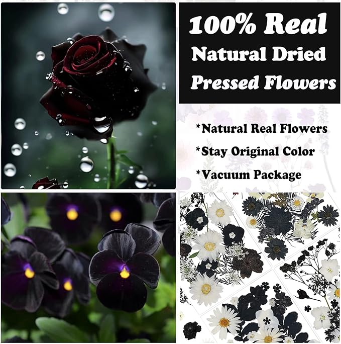 94 Pcs Black Pressed Dried Flowers for Resin Molds, Real Natural Flowers Leave for DIY Crafts, Jewelry, Candle, Soap Making Gifts