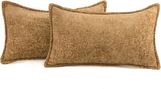 Pack of 2 Golden Brown Decorative Throw Pillow Covers 12x20 Cozy Soft Chenille Accent Vintage Rectangular Lumbar Couch Pillow Covers for Home Decor Bed Sofa Living Room