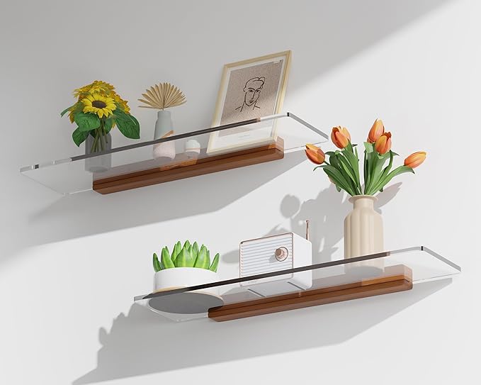 Acrylic Floating Shelves with Solid Wood Base, Wall Mounted Shelf for Plants, Perfume, Nail Polish, Bathroom, Bedroom & Living Room Décor