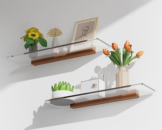 Acrylic Floating Shelves with Solid Wood Base, Wall Mounted Shelf for Plants, Perfume, Nail Polish, Bathroom, Bedroom & Living Room Décor