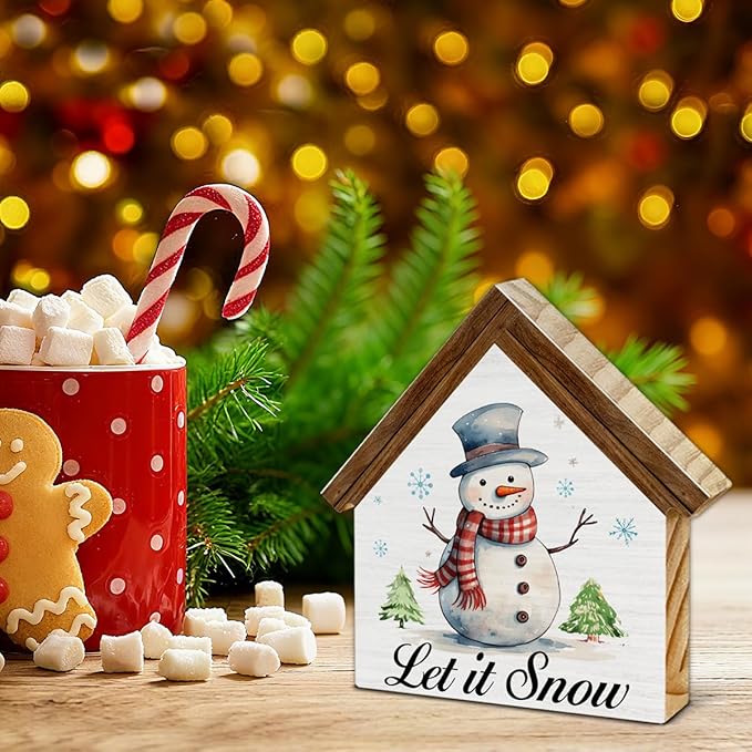 Let It Snow Sign, Christmas Snowman Decor, Winter Snowman House Shaped Wooden Sign， Christmas Home Decor for Desk Table Shelf