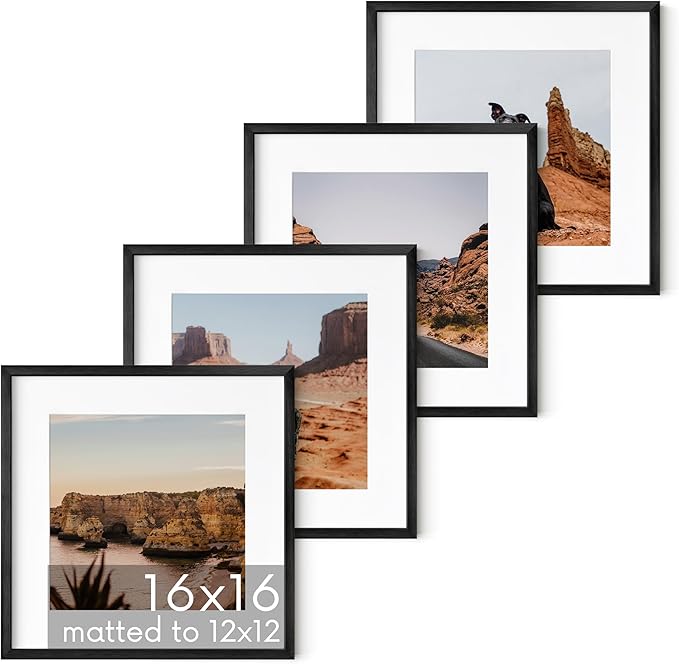 HAUS AND HUES 16x16 Black Metal Picture Frames Matted to 12x12 - Features Premium Aluminum & Hanging Hardware, Shatterproof Plexiglass - Ideal for Home, Room, Office (16x16 in, Black, Set of 4)
