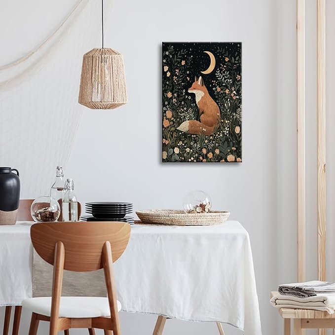 Fairytale Dreamy Fox Wall Art Vintage Moonlit Forest Floral Plant Night Canvas Poster Print Whimsical Nature Aesthetic Picture Decor for Nursery Living Room Bedroom Office 20x30inch Framed