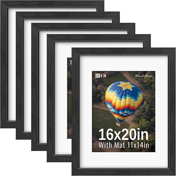 VCK 16x20 Picture Frames Black Set of 5, Wide Border Wood, Tempered Glass, Display 11x14 Photo with Mat or 16 x 20 without, for Home, Office, Gallery, Woodgrain Series, Wall Hanging