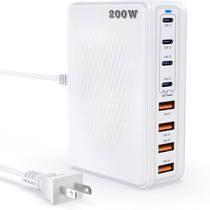 200W GaN III 8-Ports USB C Fast Charger, Type C Block, QC4.0 Fast Phone Charging Station Hub PD 65W Charger Power Adapter for iPad/Air/Pro/iPhone 17/16 MacBook Pro/Air, Galaxy Phones, Tablet