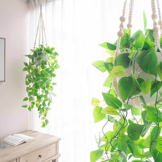 Mkono Fake Hanging Plant with Pot, Artificial Plants for Home Decor Indoor Macrame Plant Hanger with Fake Vines Greenery for Bedroom Bathroom Kitchen Office Decor, Ivory (Pothos)