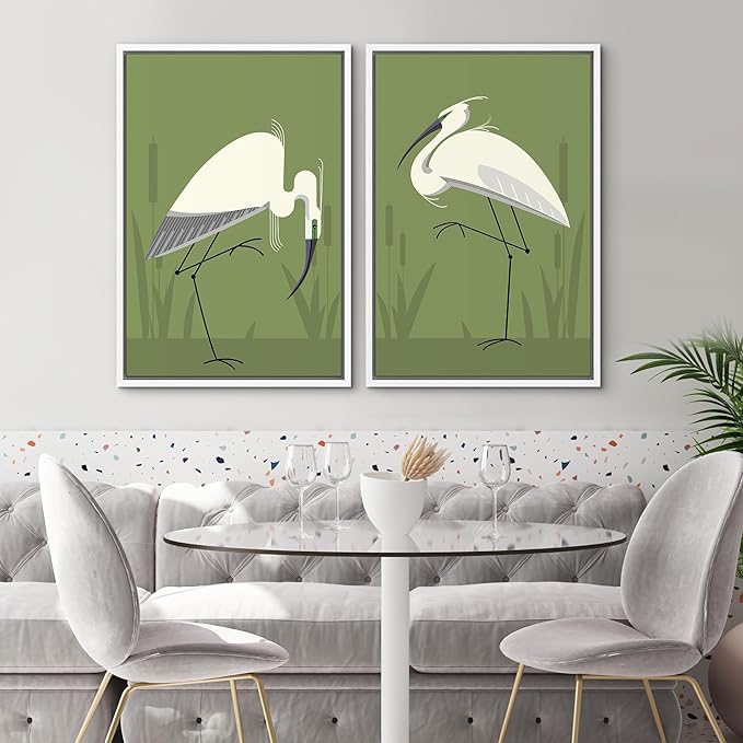 SIGNWIN Framed Canvas Print Wall Art Set Heron Bird Minimalist Egret Illustrations Modern Art Minimal Boho Colorful for Living Room, Bedroom, Office - 24"x36"x2 WHITE