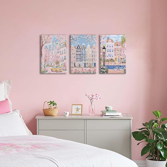 XLARTMY Watercolor City Landscape Travel Wall Art Canvas Framed Pink Cherry Flower Poster Girly Prints Painting Pictures Set of 3 for Bedroom Living Room Office 16x24in