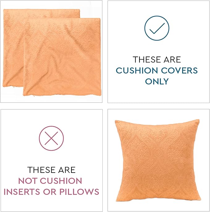 Encasa XO Luxury Embossed Velvet Throw Pillow Covers - Plush Cushion Covers for Elegant Living Rooms & Bedrooms, Machine Washable, 18"x18" Peach | Set of 2 | Covers Only No Insert