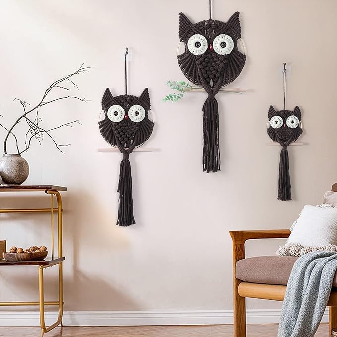 MVSUTA Owl Chocolate Cotton Handmade Macrame Wall Hanging Tapestry Home Decor Art and Craft Wonderful Decoration Woven Boho Ornament for Office Bedroom Apartment Living Nursery Gallery,3pcs set:1pc L