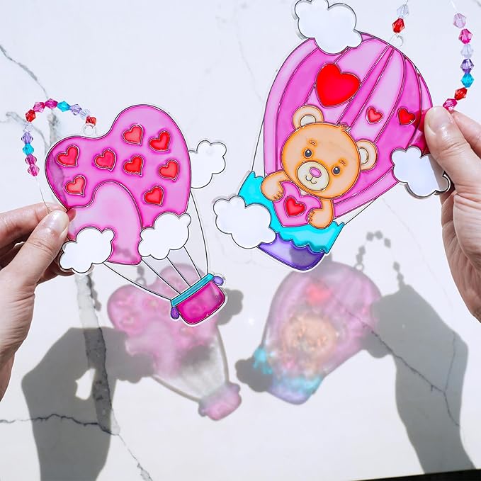 Winlyn 24 Sets Heart Hot Air Balloon Suncatchers Ornaments Decorations DIY Window Paint Art Craft Kits Sun Catcher Painting Kit for Kids Valentine's Day Classroom Activities Party Favors Gift Exchange
