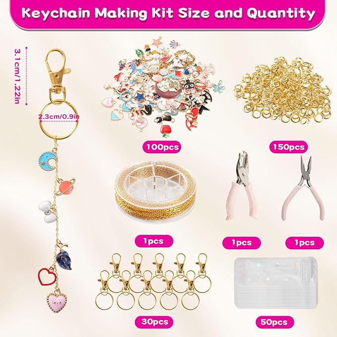 Sileasncei 358Pcs Charms Lip Gloss Keychain Making Kit, DIY Bag Charm Kit with Enamel Charms, Chains, Jewelry Pliers, Hole Punch & Gift Bags, Keychain Making Supplies for Custom Keychains Gifts