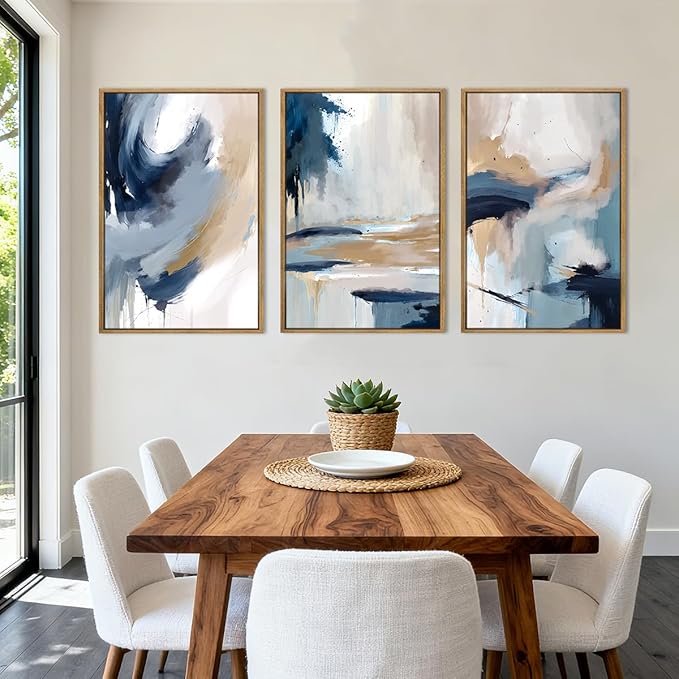 Anyzal Large Blue Abstract Wall Art Framed Modern Artwork Neutral Wall Decor for Living Room Bedroom Office 24X36 Inch Set of 3