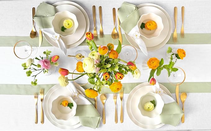 Solino Home Linen Table Runner 108 Inches Long - 100% Pure Linen Sage Green and White Dining Table Runner 14 x 108 Inch for Winter, Spring, Easter, St Patricks Day - Contempo