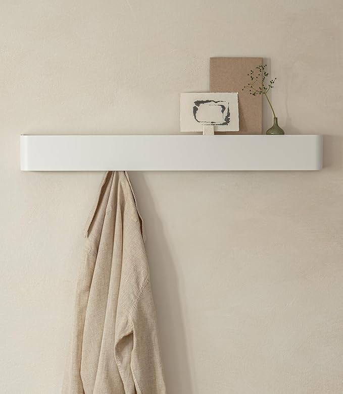 Kazai.®️ Coat Rack Wall Mount with Shelf 'Tone' | Modern Design Coat Hanger with Hidden Hooks and Storage | Hat Rack with Shelf in Metal | Wall-Mounted Purse Organizer | White