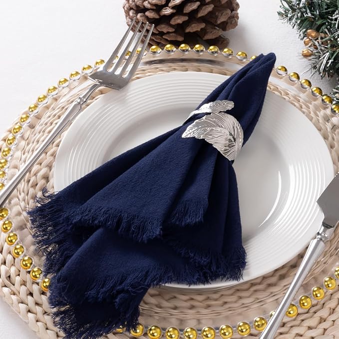 12 Pack Navy Blue Cotton Linen Napkins with Fringe Spring Cloth Napkins Set of 12 Boho Handmade Dinner Napkins Bulk for Wedding Bridal Baby Shower Valentine's Day, 17 x 17 Inches
