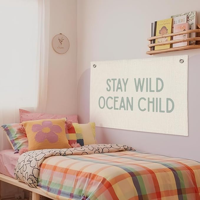 Nursery Wall Decor, Ocean Theme Classroom Decor, Ocean Nursery Decor, Stay Wild Ocean Child Linen Canvas Banner Wall Hanging Flag, Surf Decor, Surfer Girls Boys Room Decor 20x30