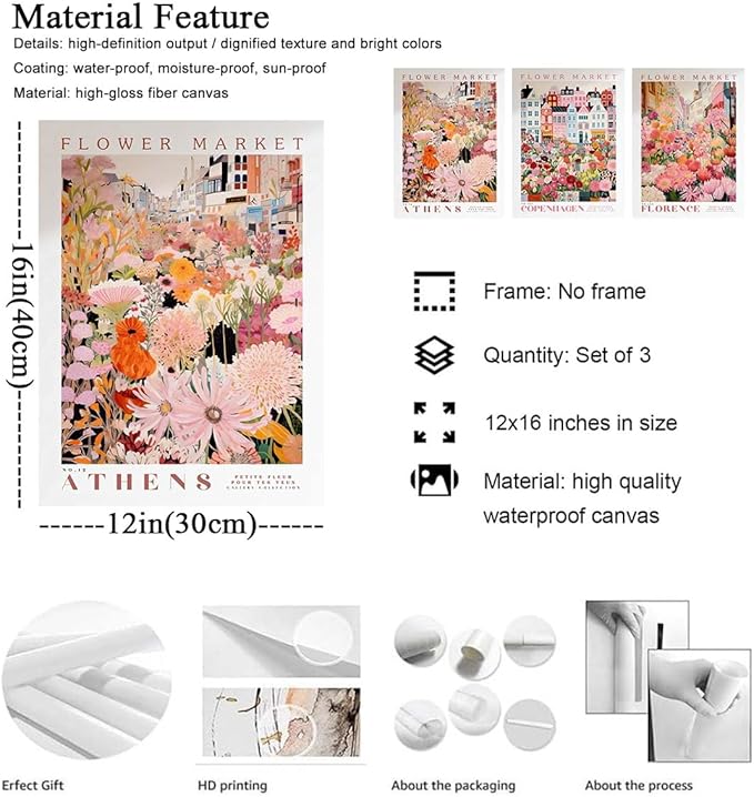 XLARTMY Flower Market Wall Art Prints Canvas Pink Floral Paintings Colorful Botanical Sunflower Artwork Travel Posters for Home Decor Pictures Set of 3 for Living Room Bedroom 12x16in Unframed