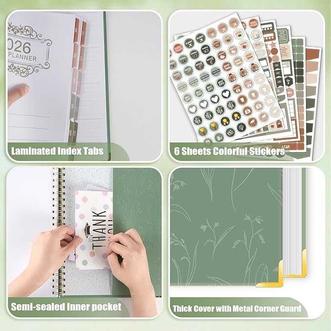 GuassLee Large 2026 Planner, Weekly and Monthly Planner from January 2026-December 2026, 8.5"x 11" Aesthetic Greenery Agenda Book with Back Pocket, Stickers, Coated Tabs, A4 Size