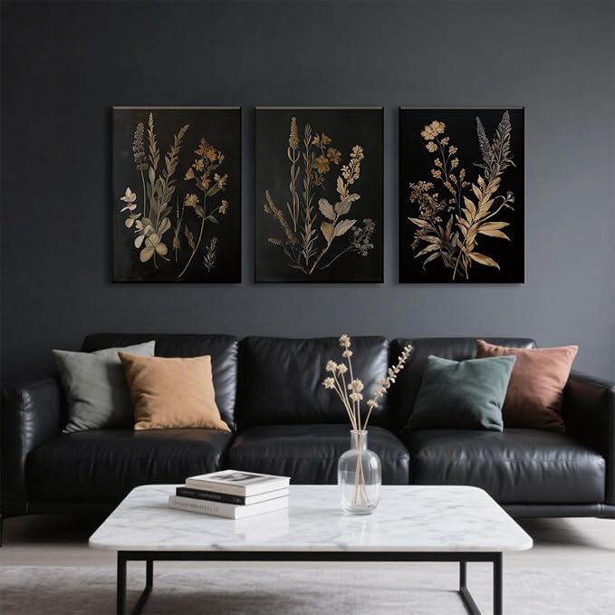 TUEASKY 3 Piece Moody Botanical Canvas Wall Art Vintage Floral Wall Art Boho Dark Flower Decor Black Wildflower Art Prints for Living Room Bedroom16x24in Framed