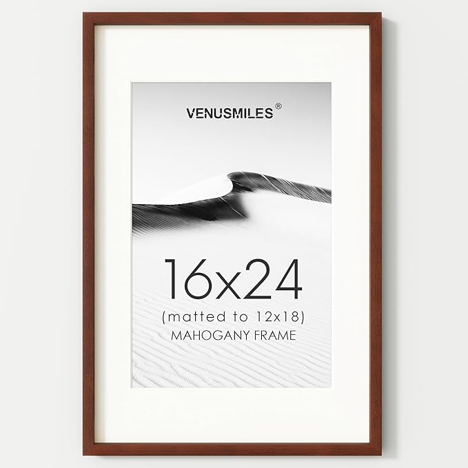 16x24 Poster Frame, USA-Sourced Natural Mahogany Wood Picture Collage Frame with HD Tempered Glass, Modern Simple 16 x 24 Wooden Photo Frame Matted to 12x18, Vertical & Horizontal Wall Hanging Display