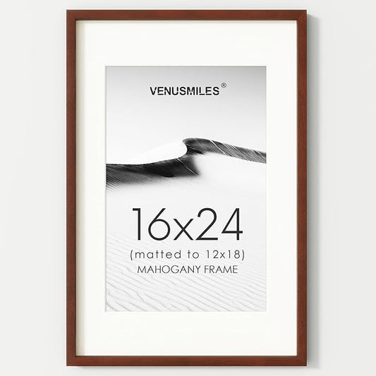16x24 Poster Frame, USA-Sourced Natural Mahogany Wood Picture Collage Frame with HD Tempered Glass, Modern Simple 16 x 24 Wooden Photo Frame Matted to 12x18, Vertical & Horizontal Wall Hanging Display