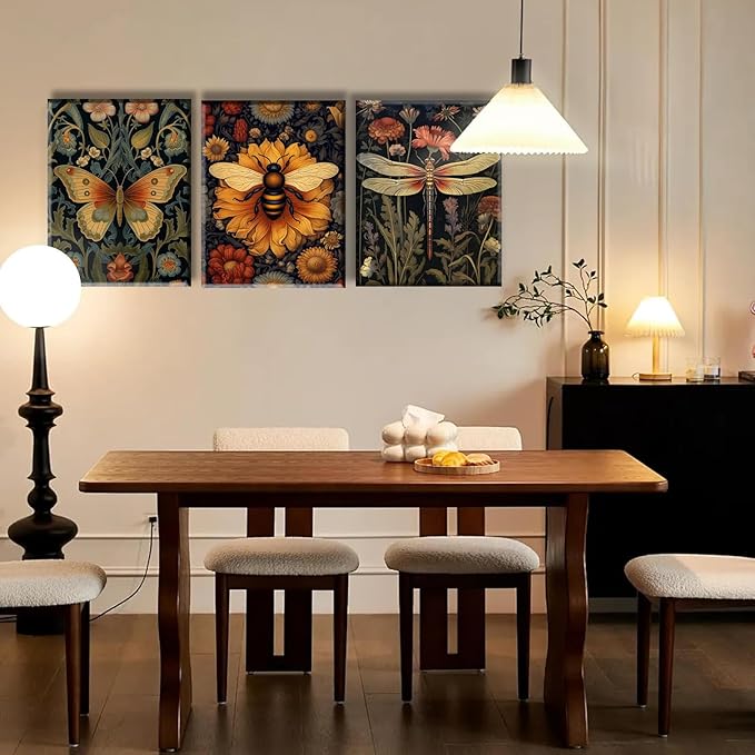 3 PCS William Morris Canvas Wall Art for Home Decor Bee Dragonfly Butterfly Painting Poster William Morris Botanical Insects Pictures Prints Wall Decor for Living Room Bedroom Home Decorations 16×24 in(Stretched Canvas on A Wooden Frame)