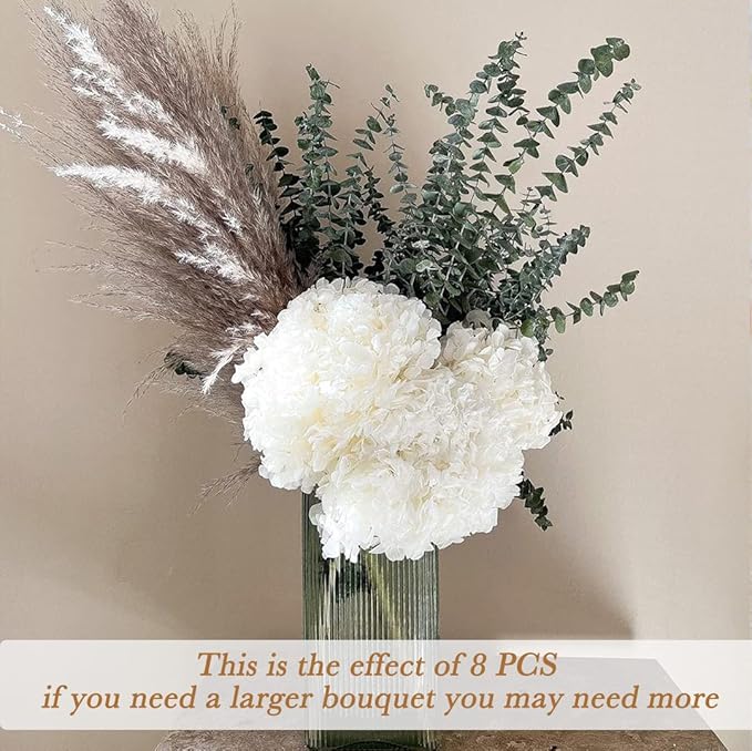5 PCS Dried Preserved White Hydrangea Flowers - Length 14'' Corolla Size 3''-4'' Real Hydrangeas Petals Handmade for Vase, Arrangement Boho Style Home House Office Wedding Shower Valentine's Decor