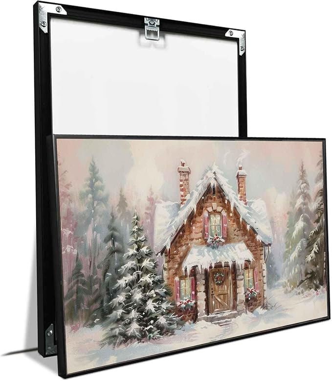 Snowy Cabin Wall Art Christmas Landscape Print Watercolor House Poster Festive Holiday Canvas Print Rustic Winter Scene Wall Decor Indoor Decor for Living Room Bedroom Kitchen Framed Ready to Hang