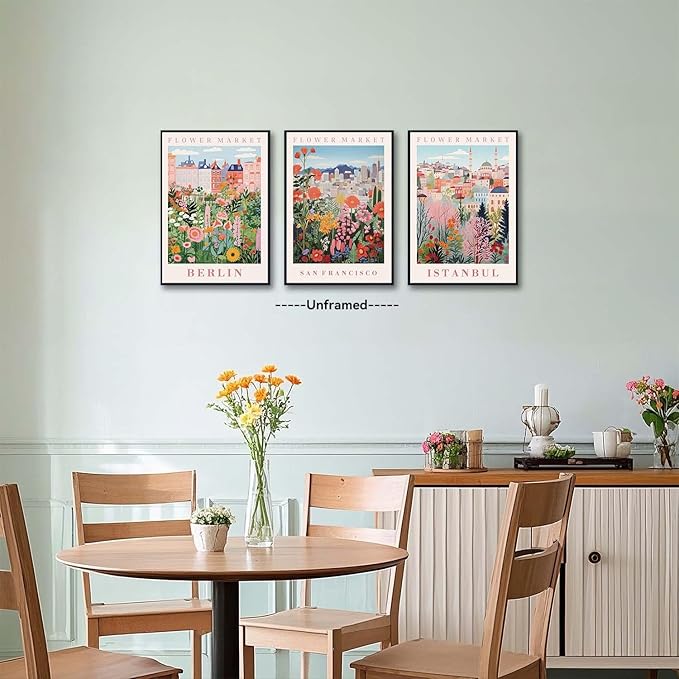 XLARTMY Flower Market Wall Art Prints Canvas Orange and Pink Floral Paintings Colorful Botanical Travel Flower Posters for Home Decor Pictures Set of 3 for Living Room Bedroom 16x24in Unframed