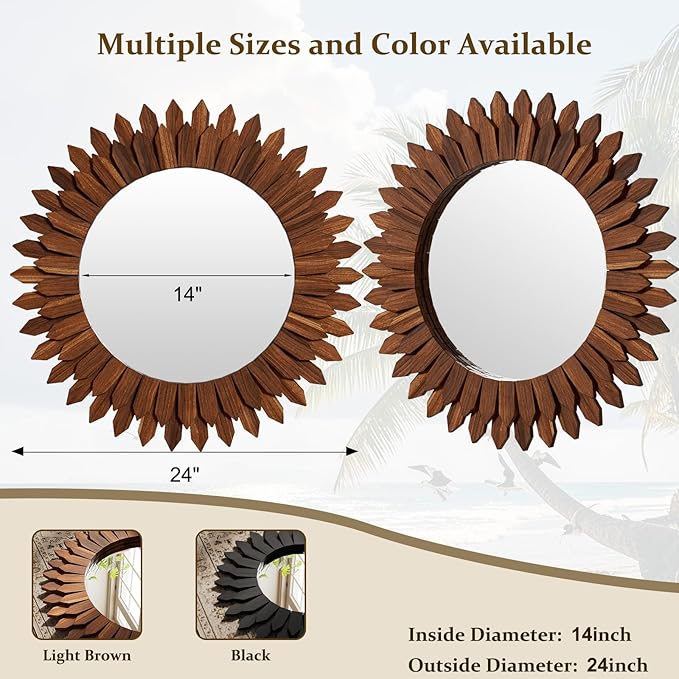 24 Inch Walnut Boho Wall Decor Sunburst Mirror - Round Wooden Wall Decor, Handmade Rustic Circular Mirror for Living Room, Bedroom, Entryway, Office