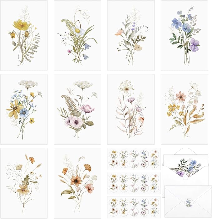 Blank Cards and Envelopes, 40 Pack Blank Note Cards 4x6 in Elegant Floral Greeting Card with Sealing Stickers, Note Card and Envelopes Stationary Set for All Occasions (10 Floral Designs)