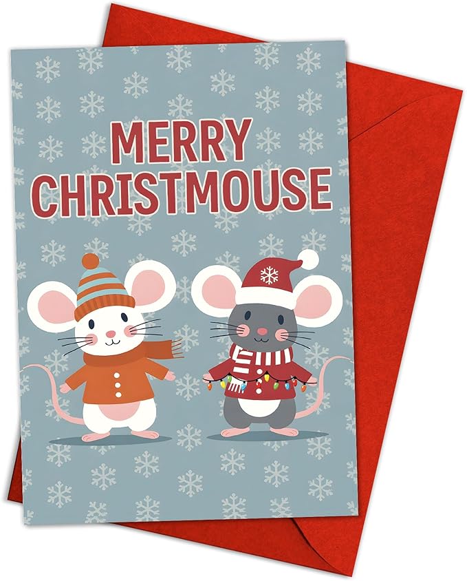 (5.3x8in) Merry Christmouse Card with Envelope, Cute Funny Christmas Mouse Greeting, Adorable Winter Holiday Card with Cartoon Mice Design for Friends, Family, and Kids (Xmas 25)