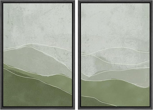 SIGNWIN Framed Wall Art Print Set Faded Green & Gray Wave Landscape Abstract Shapes Illustrations Modern Art Bohemian Relax/Calm Multicolor for Living Room, Bedroom, Office - 24"x36"x2 Black