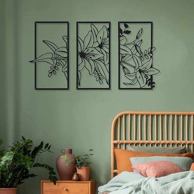 Therwen 3 Pcs Black Metal Wall Art Minimalist Wall Decor for Bedroom Flowers Decor Hanging Flower Bathroom Art Flower Line Sculpture Kitchen Decoration 16.5 x 9.8 Inch(Classic Style)