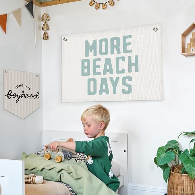Lacama Beach Theme Wall Decor for Boys Room, Coastal Kids Playroom Nursery Hanging Sign, More Beach Days Linen Canvas Banner, Rustic Nautical Surf 20x30 Inch