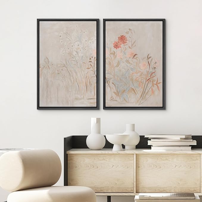 SIGNWIN Framed Canvas Print Wall Art Set Soft Pastel Wildflower Botanical Floral Illustrations Modern Art Scenic Colorful for Living Room, Bedroom, Office - 16"x24"x2 Black