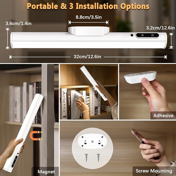 Rechargeable Magnetic LED Light Bar with Remote, Under Cabinet Lighting Wireless, Battery Powered Operated Wall Strip Lights, Dimmable Desk Lamp for Mirror Counter Bathroom Indoor - White