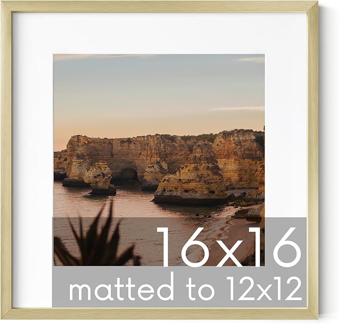 HAUS AND HUES 16x16 Gold Metal Picture Frame Matted to 12x12 - Features Premium Aluminum & Hanging Hardware, Shatterproof Plexiglass - Ideal for Home, Office (16x16 in, Gold, Set of 1)