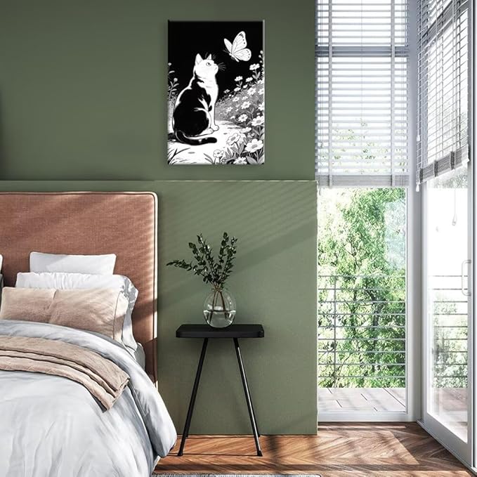 Cats Butterflies in Flowers Canvas Poster Vintage Minimalist Nature Wall Art Trendy Black White Aesthetic Painting Prints Modern Animal Home Decor for Bedroom Living Room 24x36inch Framed