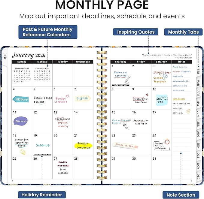 2026 Planner, Monthly and Weekly Calendar Planner for Women, Jan 2026 - Dec 2026, Hardcover Pretty 2026 Agenda Planner Book with Tabs, Spiral Bound, Perfect for School Office Home Supplies, 6.3" x 8.5" - Midnight Magnolia