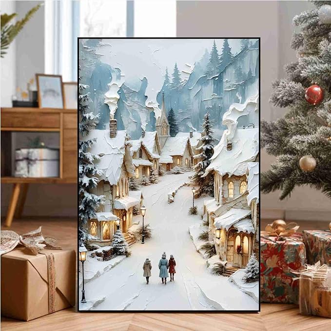 Christmas Winter Painting Snowy Village Street Festive Landscape Print Holiday Church Wall Decor Winter Cottagecore Canvas Painting Indoor Decor for Living Room Bedroom Office Framed Ready to Hang