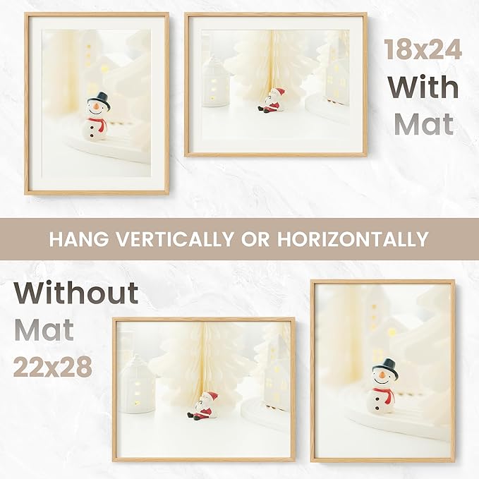 22x28 Poster Frame, USA-Sourced Natural Oak Wood Picture Collage Frame with HD Tempered Glass, Modern Simple 22 x 28 Wooden Photo Frame Matted to 18x24, Vertical & Horizontal Wall Hanging Display
