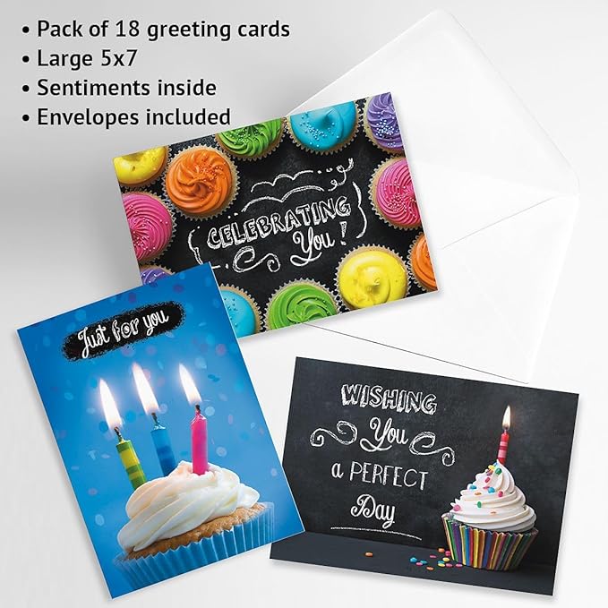 Current Blackboard Happy Birthday Greeting Card Set - Value Pack of 20 Cards With White Envelopes, 10 Designs, Large 5" x 7" Assortment