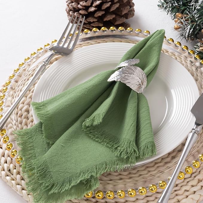 12 Pack Sage Green Cotton Linen Napkins with Fringe Spring Cloth Napkins Set of 12 Boho Handmade Dinner Napkins Bulk for Wedding Bridal Baby Shower Valentine's Day, 17 x 17 Inches