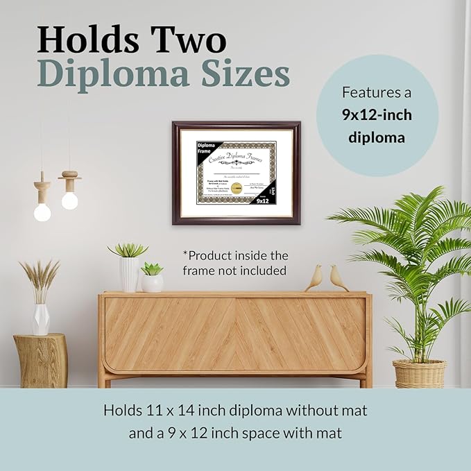 Creative Picture Frames 9x12 Mahogany Gold Rim Diploma Frame with White Mat Glass Easel and Installed Wall Hangers | Frame Holds 11x14 Media without Mat