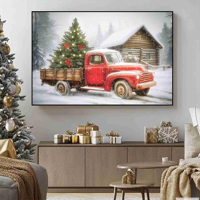 Red Truck Christmas Tree Vintage Holiday Wall Art Winter Snow Scene Poster Nostalgic Truck Canvas Print Indoor Decor for Home Living Room Bedroom Office Dining Room Farmhouse Framed Ready to Hang