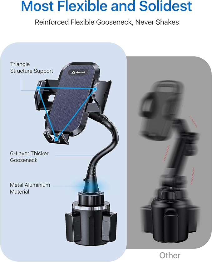 andobil Military-Grade Cup Phone Holder for Car/Truck, [2025 Enhanced] 13" 360° Adjustable Gooseneck w/Anti-Shake Car Mount, Universal Car Phone Holder for iPhone/Samsung All 4.0-7.0" Devices, Blue